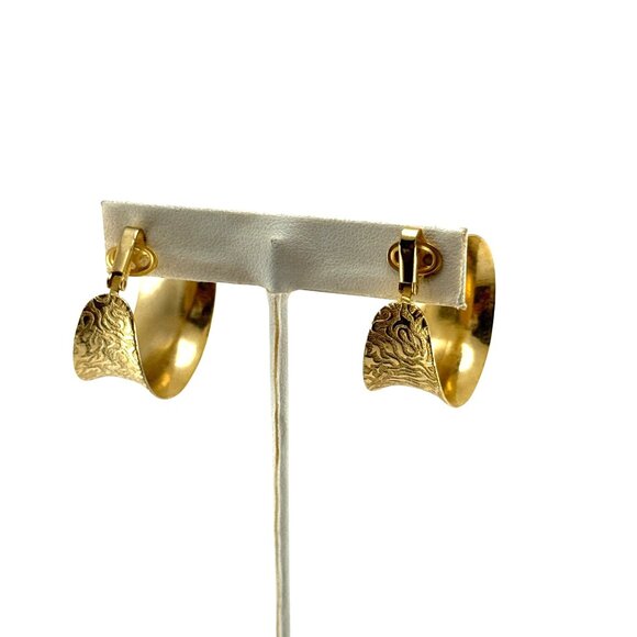 Vintage Textured Gold Tone Wide Hoop Clip-On Earrings Bold Statement Jewelry - Picture 7 of 9